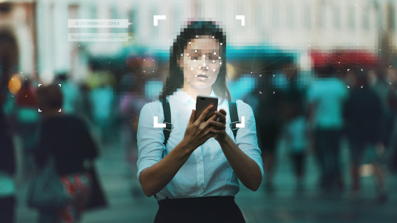 A woman uses facial recognition on her smartphone in a busy city. Animated symbols show that someone can identify and verify themselves online