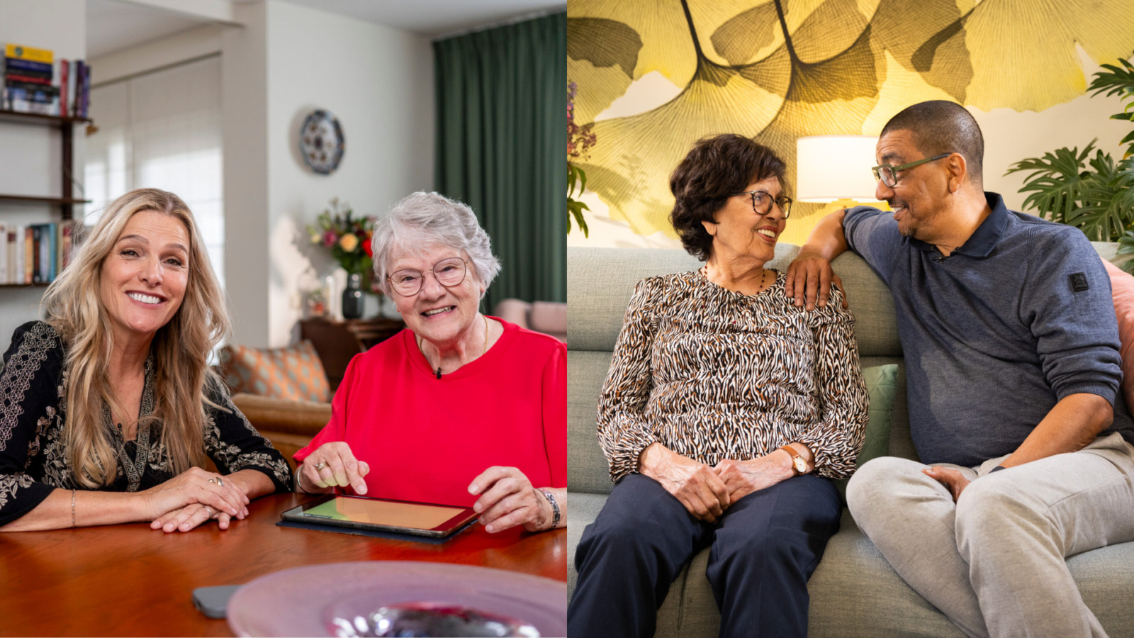 A collage of two photos featuring ambassadors of the Accessible Banking Program: on the left, Lucille Werner with her neighbor Dory, and on the right, Jörgen Raymann with his mother